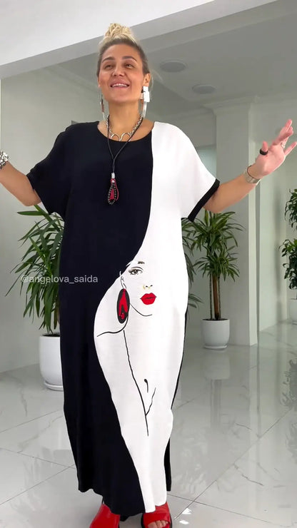 👗Lovely Black White Abstract Face Print Loose Maxi Dress