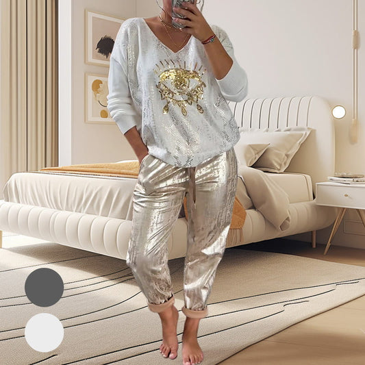 🌷💝Devil's Eye Gold Foil Top and Sequin Pants Set