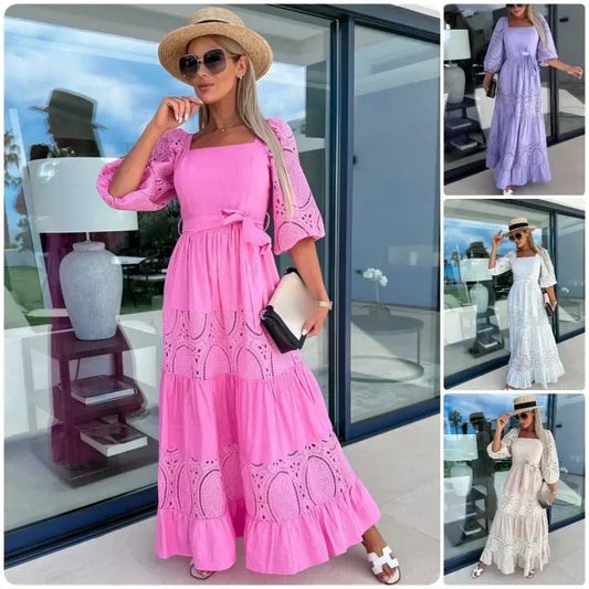 Women’s Trendy Patchwork Tie Waist Square Neck Long Dress🔥New product promotion 40% off