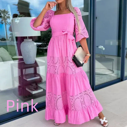 Women’s Trendy Patchwork Tie Waist Square Neck Long Dress🔥New product promotion 40% off