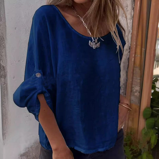 Round Neck Mid-sleeve Cotton and Linen Top