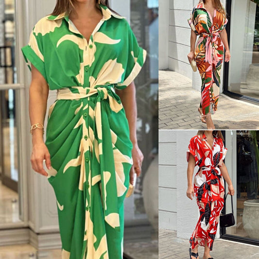 🔥SUMMER SALE 49% OFF💃Casual Lapel Neck Waist Print Shirt Dress