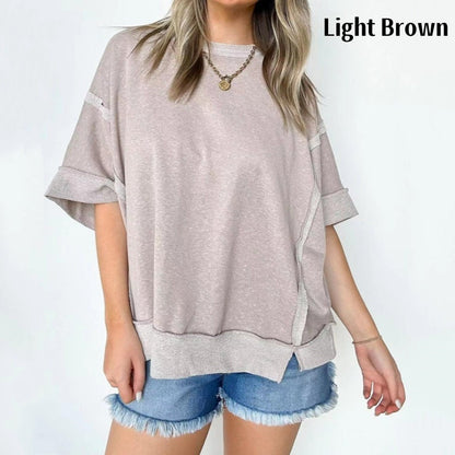 Casual Contrast Trim Round-Neck Drop Shoulder Top