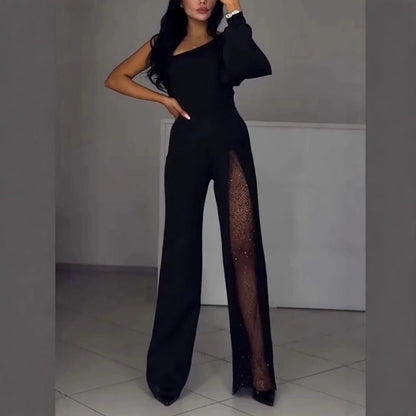 🎅Christmas Hot Sales - 78% OFF💕Women's One Shoulder Sparkly Mesh Flared Jumpsuits